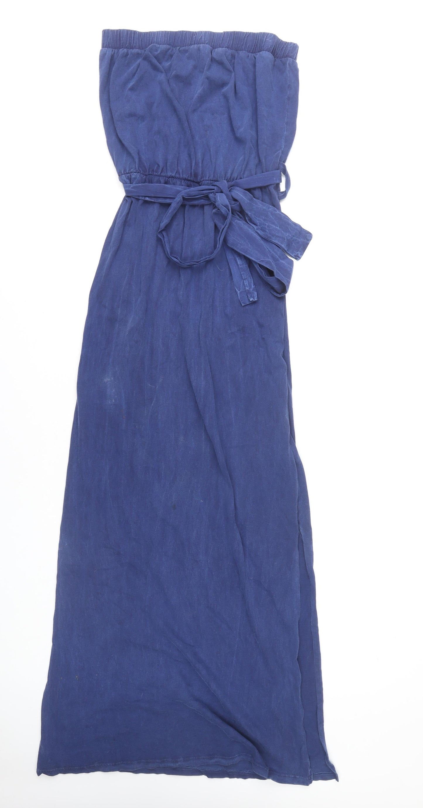 Next Women Blue Strapless Cotton Tie Belt Dress Size 10