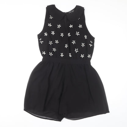 Topshop Women's Black Embroidered Playsuit Size 12