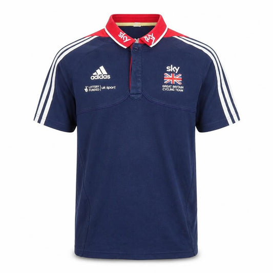 Front view of Adidas Men's Blue Cycling Polo Shirt, Medium