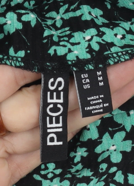 Pieces Women's Black Green Floral Dress M