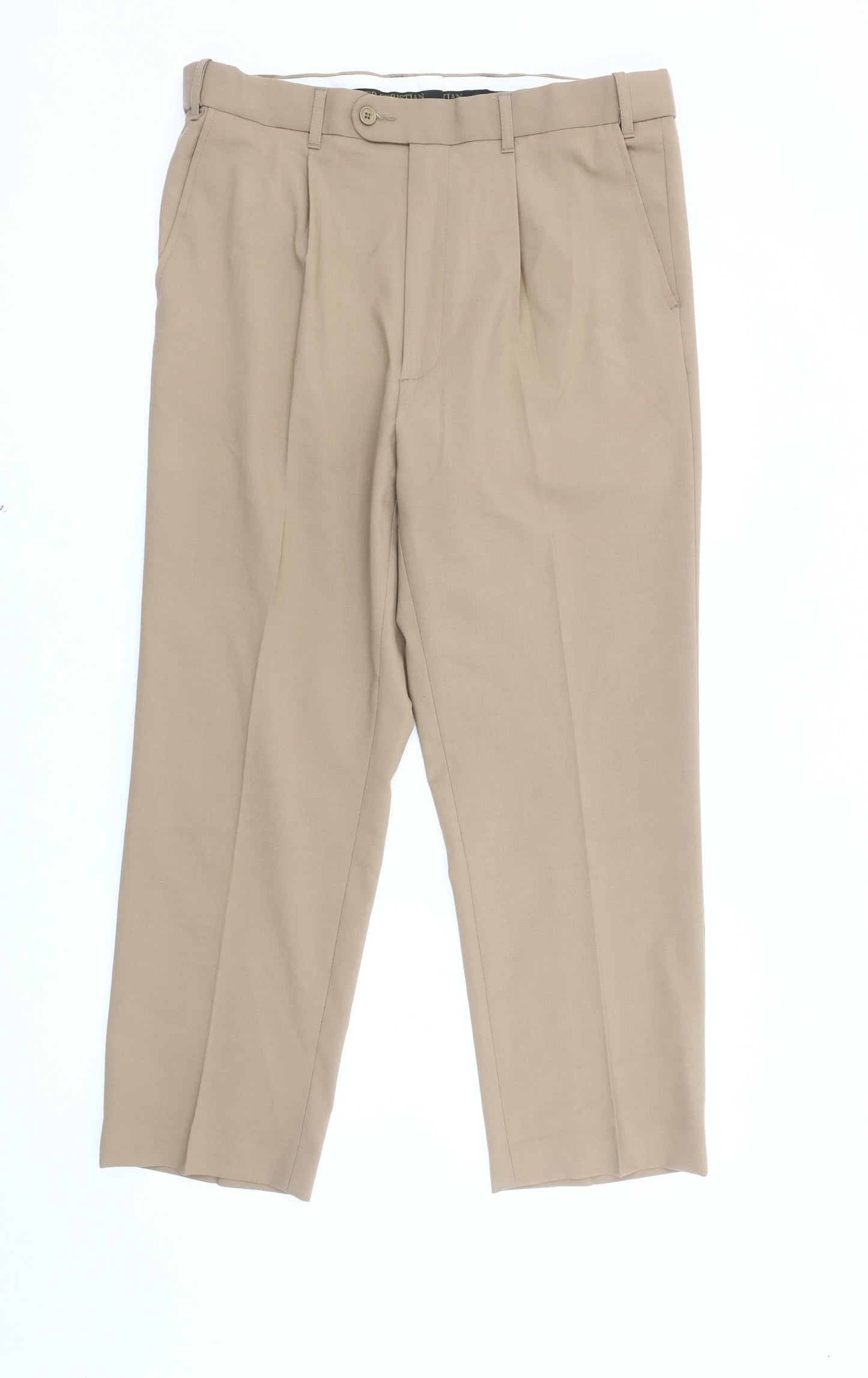Peter Christian Men's Beige Wool Blend Trousers, Size 36, Pleated