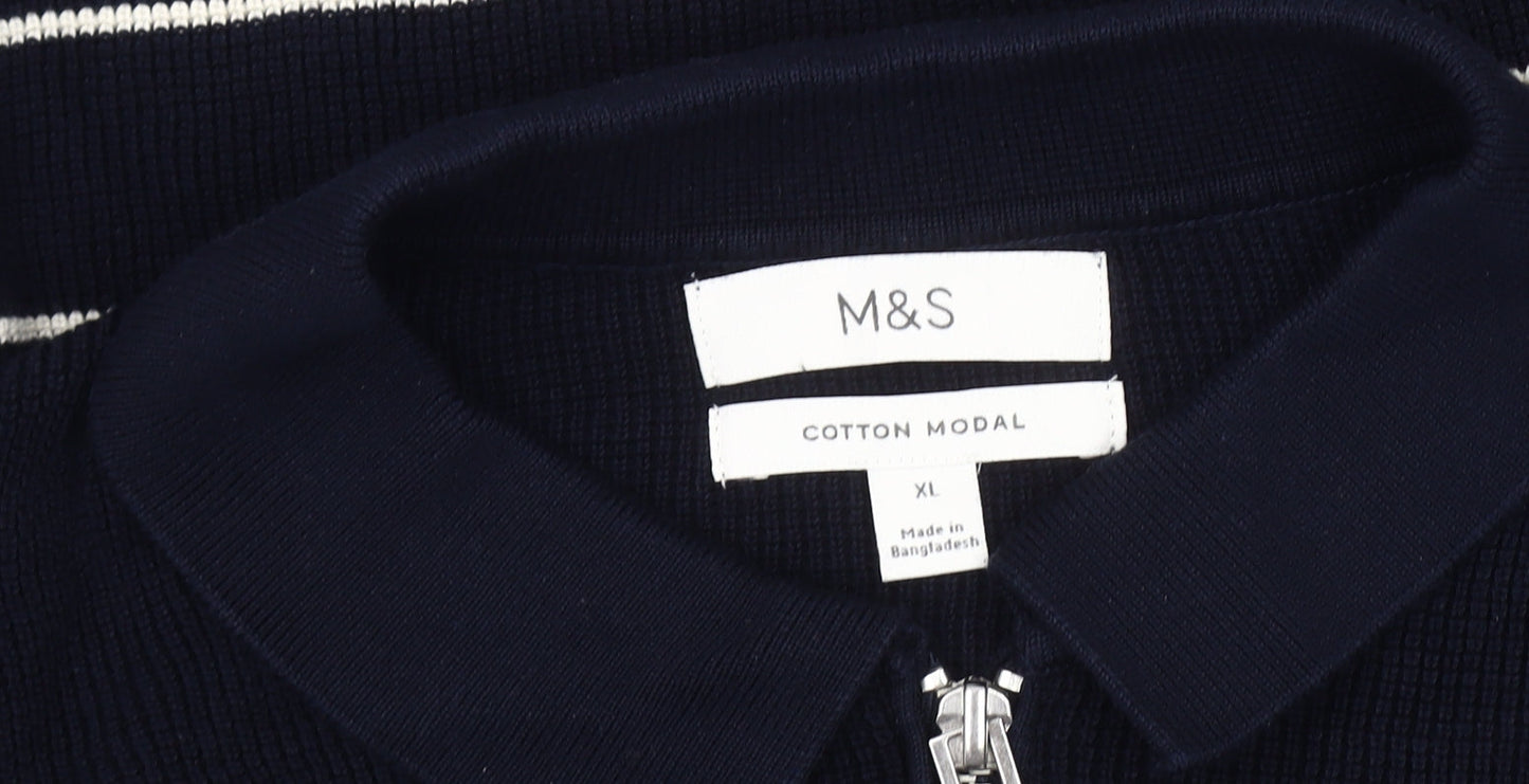 Marks and Spencer Men's Black XL Striped Collared Jumper