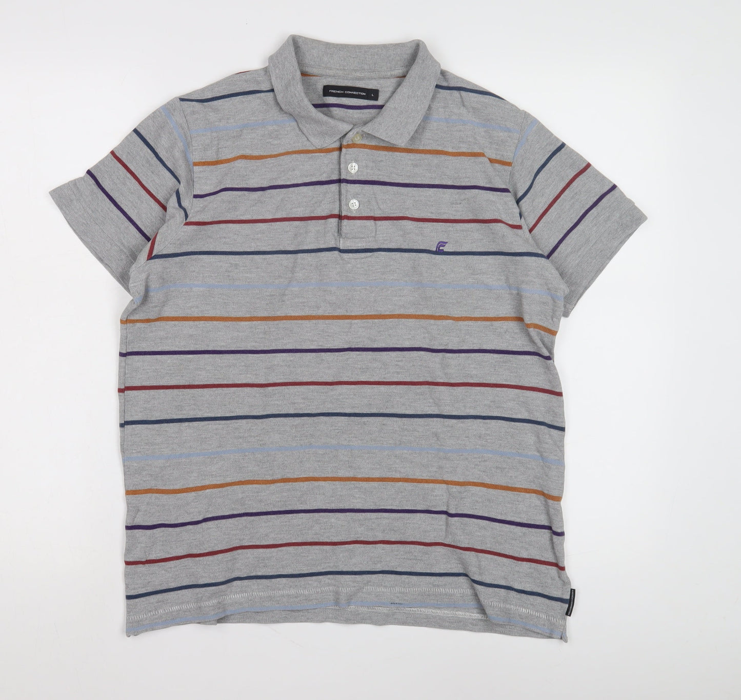 French Connection Men's Grey Striped Polo Shirt L