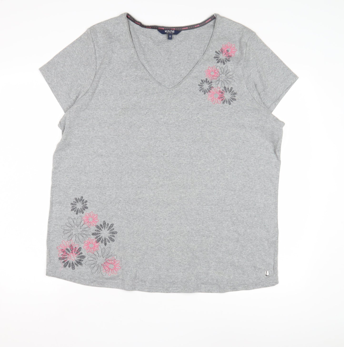 Maine New England Women's Grey Floral V-Neck T-Shirt Size 22
