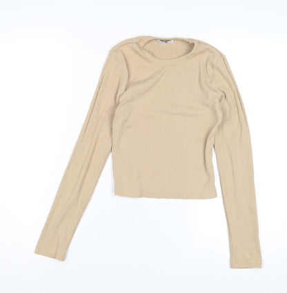 Bershka Women's Beige Long Sleeve Basic T-Shirt Size 10