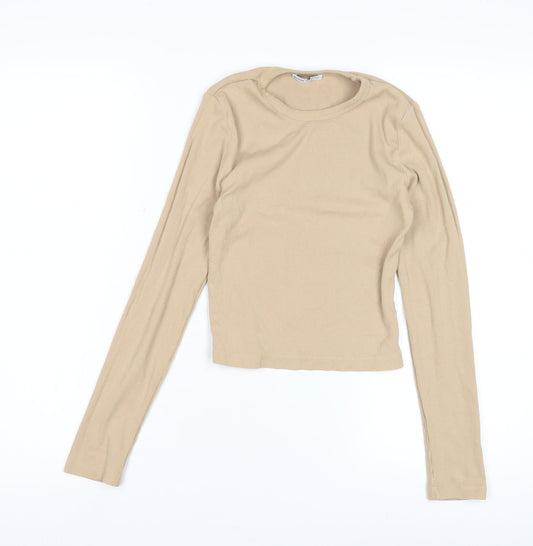 Bershka Women's Beige Long Sleeve Basic T-Shirt Size 10