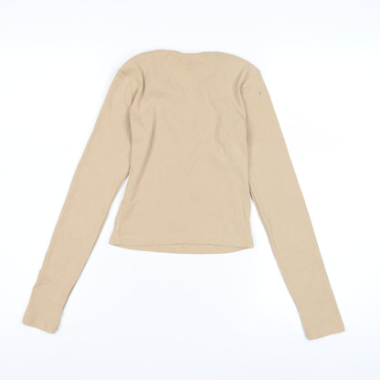 Bershka Women's Beige Long Sleeve Basic T-Shirt Size 10