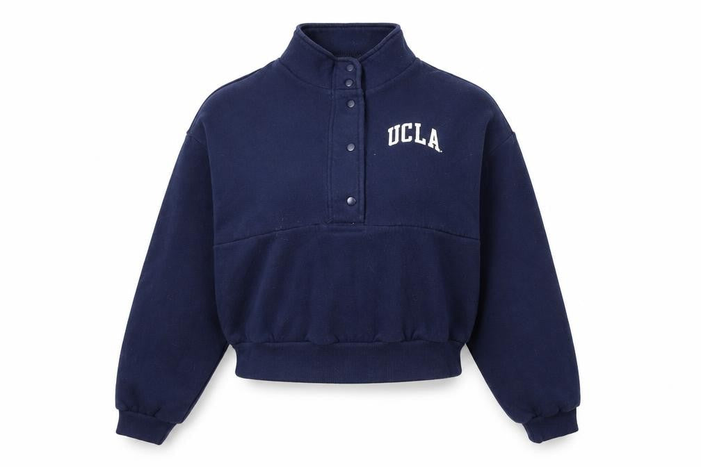 Front view of H&M unisex blue college henley sweatshirt m
