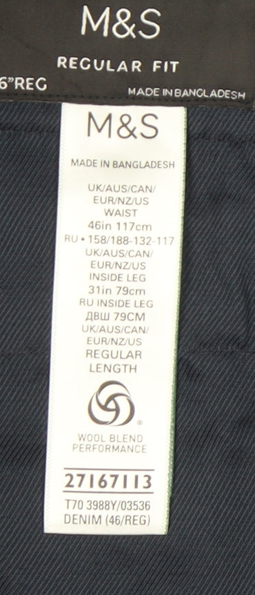 M&S Men's Blue Regular Fit Wool Blend Trousers 46