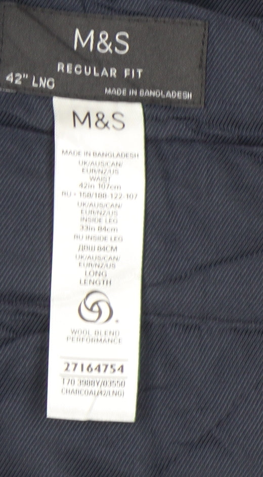 Marks and Spencer Men's Grey Regular Fit Trousers, Size 42
