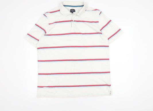 Marks and Spencer Men's White Striped Polo Shirt L