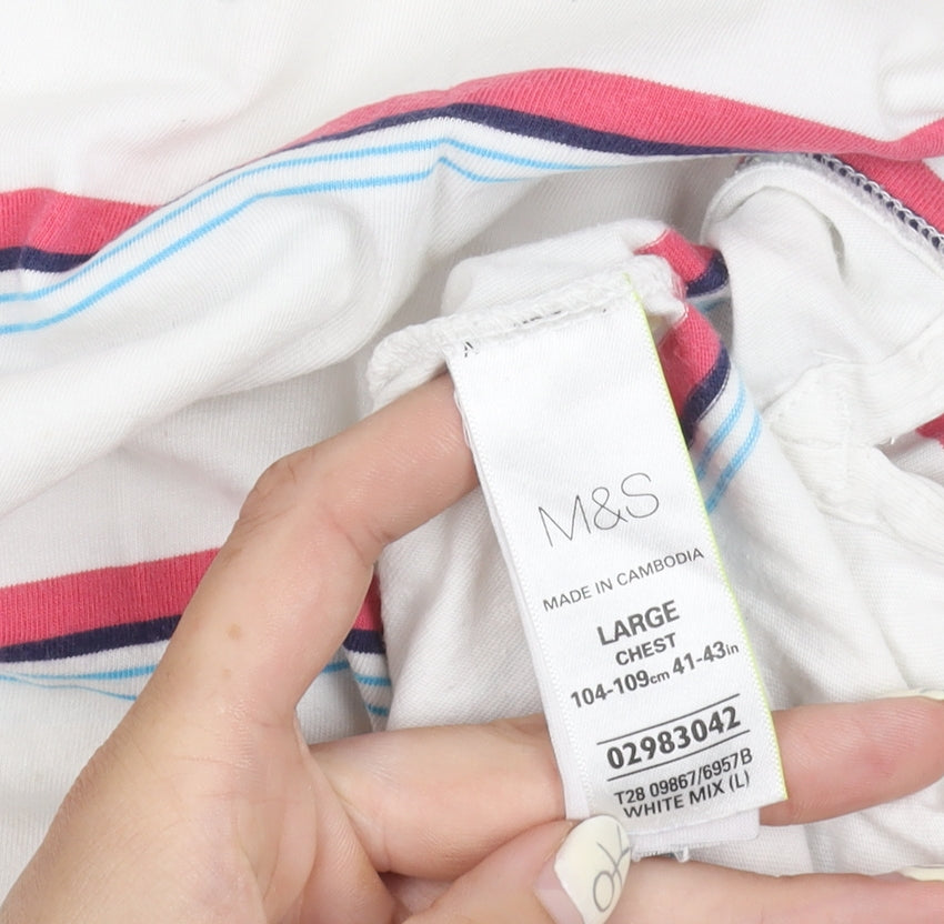 Marks and Spencer Men's White Striped Polo Shirt L