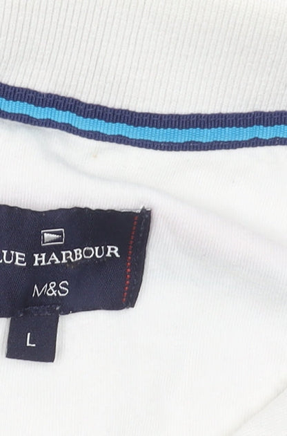 Marks and Spencer Men's White Striped Polo Shirt L