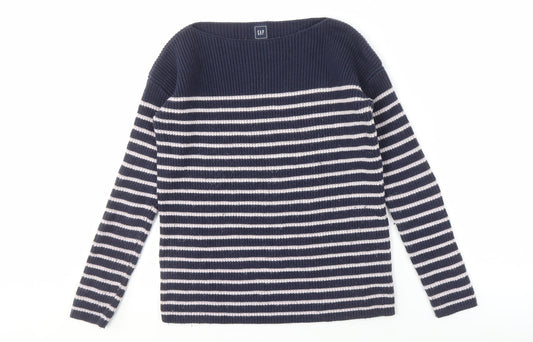 GAP Women's Blue Striped Boat Neck Pullover Jumper S