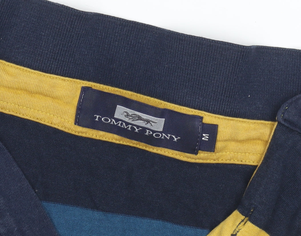 Tommy Pony Men's Blue Striped Long Sleeve Polo M