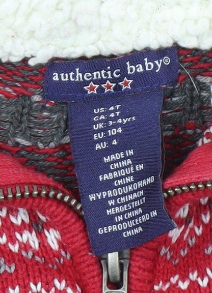 Authentic Baby Boys Red Fair Isle Knit Jumper Size 3-4 Years