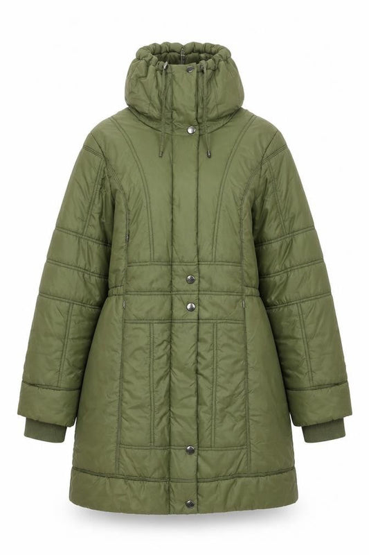Front view of ETAGE Women's Green Mid-Length Puffer Jacket, size 10