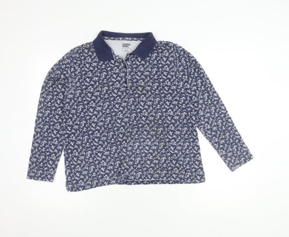 Lands' End Women's Blue Floral Polo Shirt, M, Long Sleeve