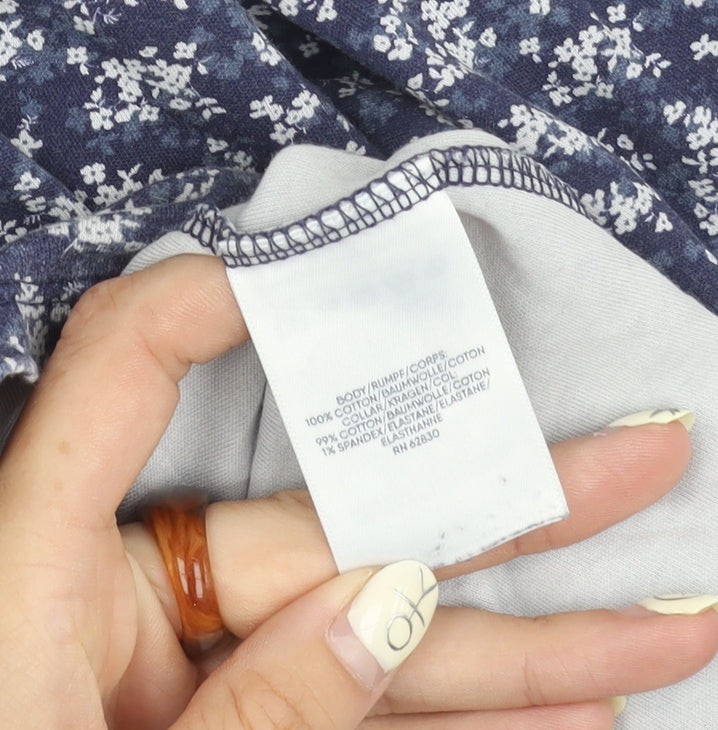 Lands' End Women's Blue Floral Polo Shirt, M, Long Sleeve