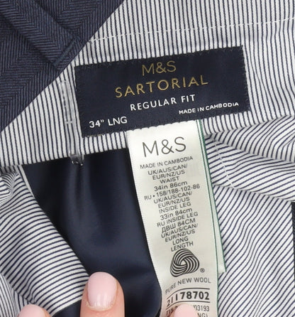 Marks and Spencer Men's Blue Regular Fit Wool Trousers