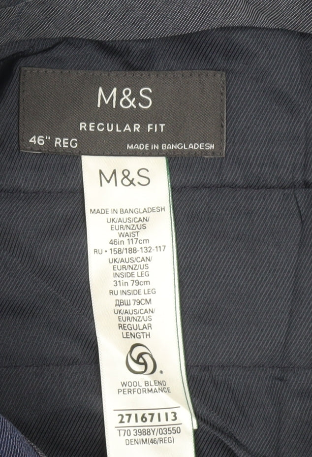 Marks and Spencer Men's Blue Regular Fit Trousers, Size 46