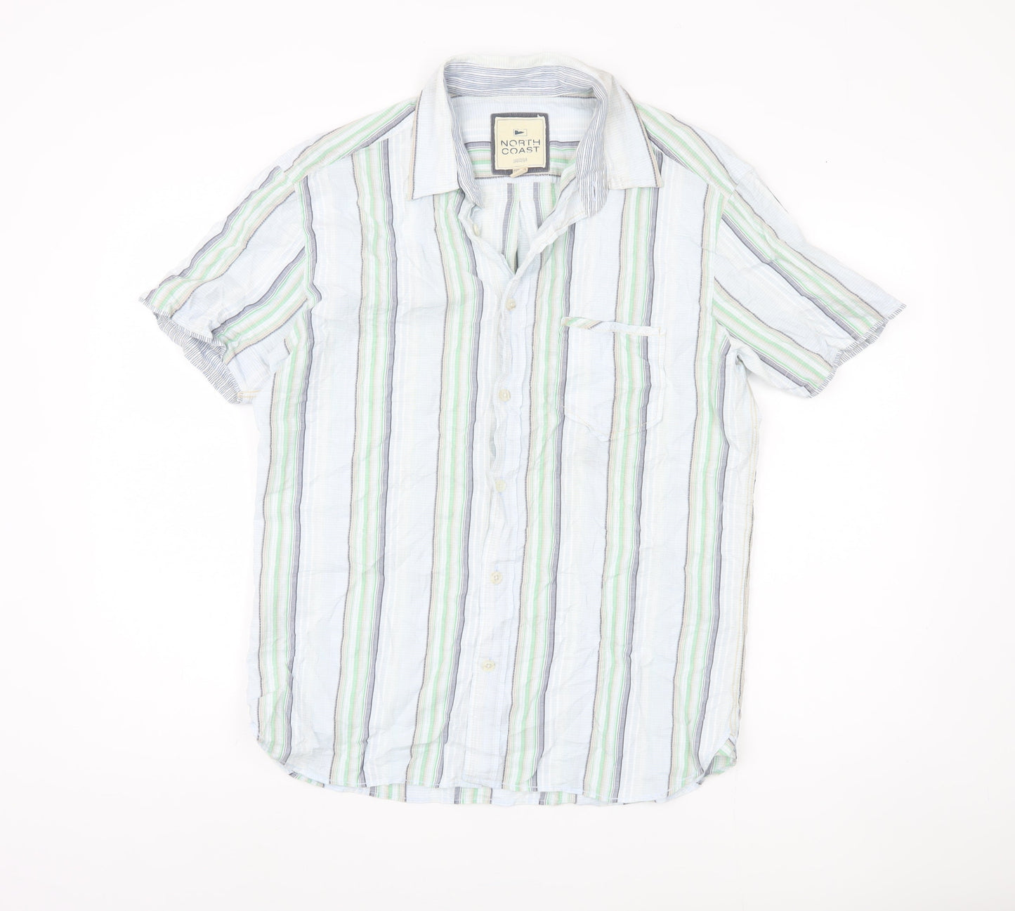 Marks and Spencer Men's Green Striped Button-Up Shirt M