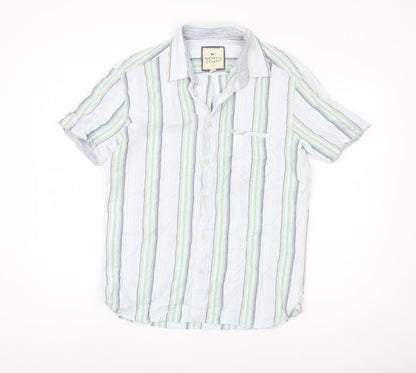 Marks and Spencer Men's Green Striped Button-Up Shirt M