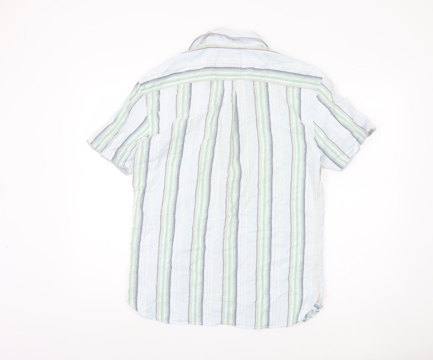Marks and Spencer Men's Green Striped Button-Up Shirt M