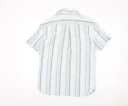 Marks and Spencer Men's Green Striped Button-Up Shirt M