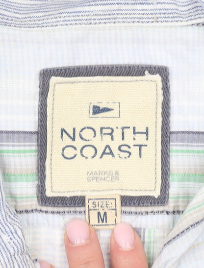 Marks and Spencer Men's Green Striped Button-Up Shirt M