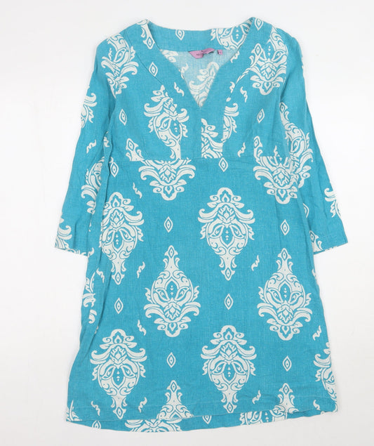 Epilogue Women Blue Dress Size 14 V-Neck Geometric