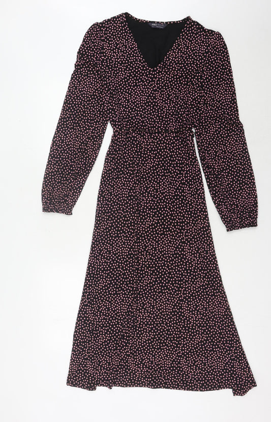 Marks and Spencer Women's Black Polka Dot Wrap Dress - Size 8