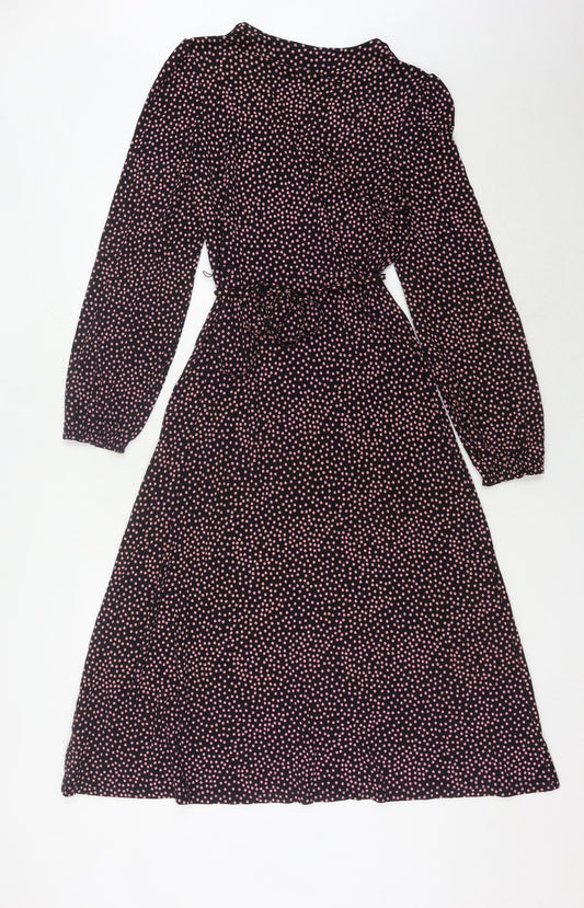 Marks and Spencer Women's Black Polka Dot Wrap Dress - Size 8