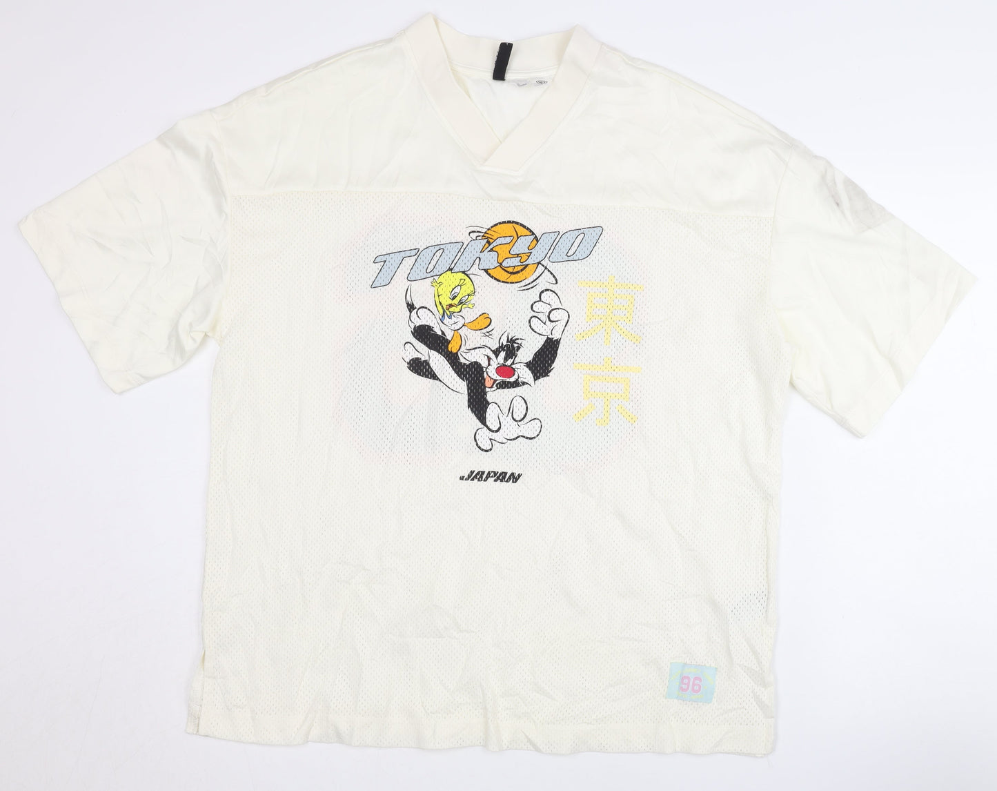H&M White Anime Sports Jersey T-Shirt M
