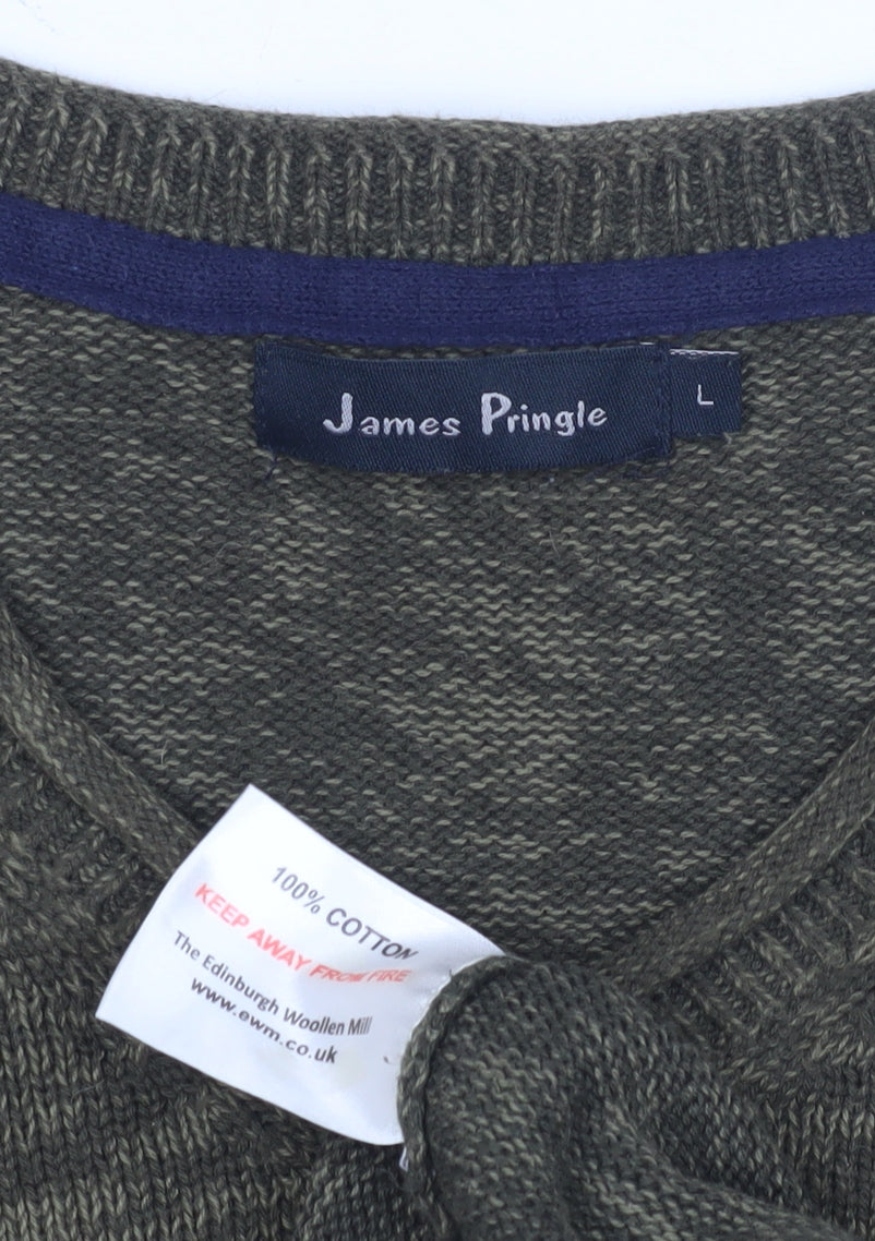 James Pringle Men's Green V-Neck Cotton Jumper L