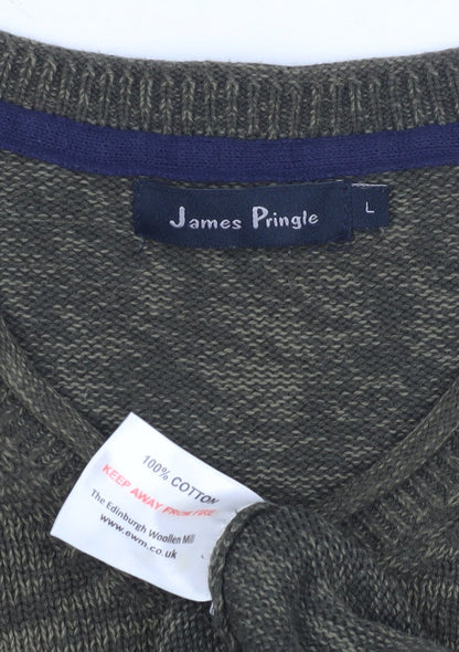 James Pringle Men's Green V-Neck Cotton Jumper L