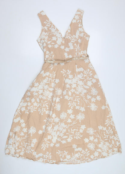 M&Co Women's Beige Floral Midi Dress, Size 10