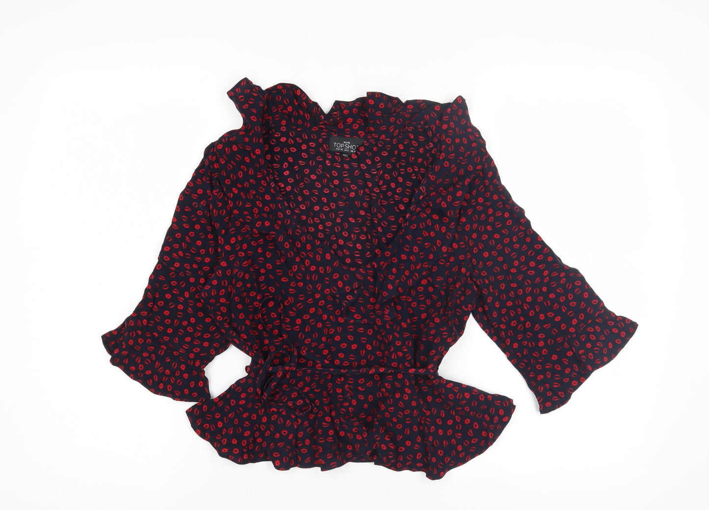 Topshop Women's Black Red Wrap Blouse, Size 10