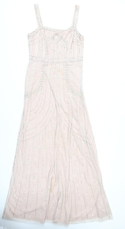 Monsoon Women's Beige Midi Dress Size 10 Sleeveless Beaded