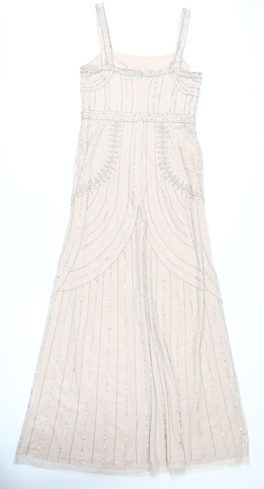 Monsoon Women's Beige Midi Dress Size 10 Sleeveless Beaded