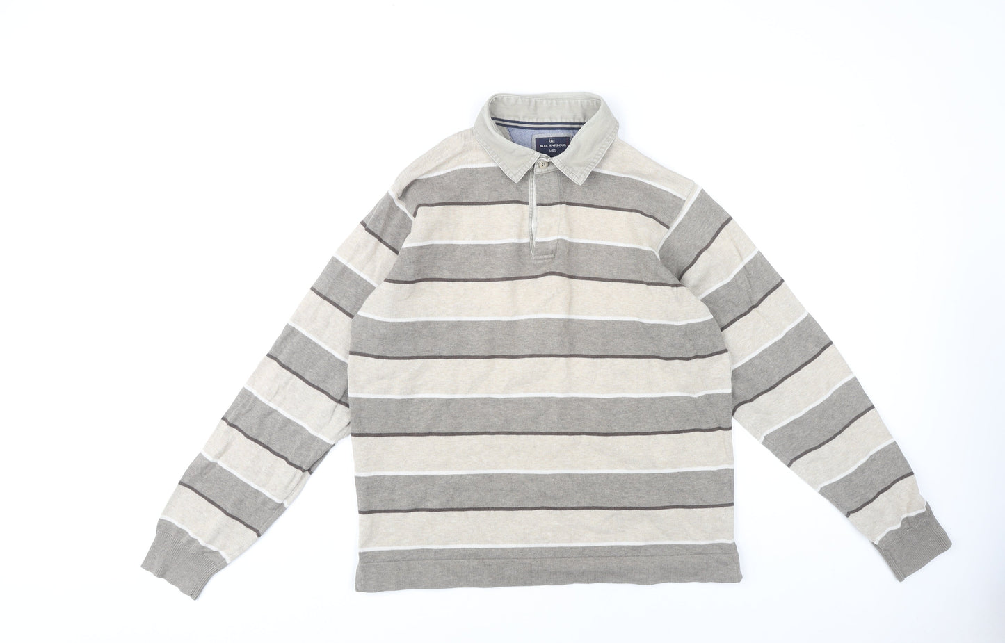 Marks and Spencer Men's Beige Striped Long Sleeve Polo M