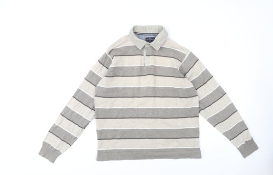 Marks and Spencer Men's Beige Striped Long Sleeve Polo M