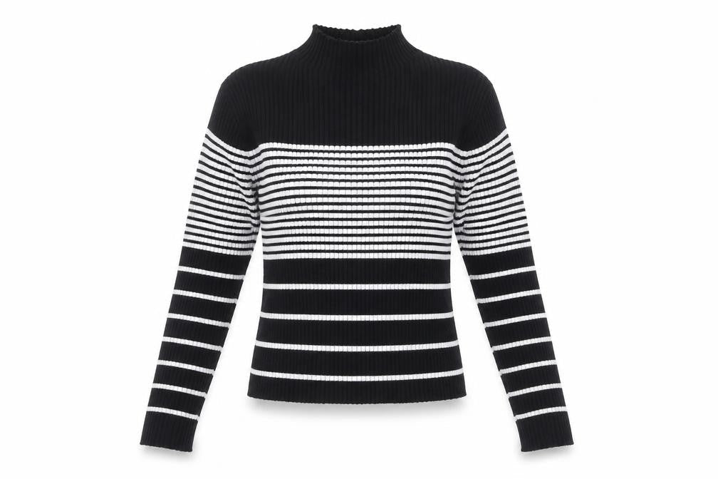 Front view of QED London Women's Black and White Striped Knit Top