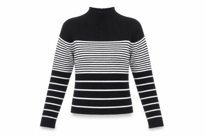 Front view of QED London Women's Black and White Striped Knit Top