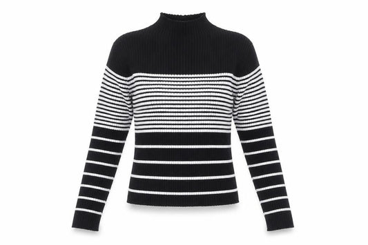 Front view of QED London Women's Black and White Striped Knit Top