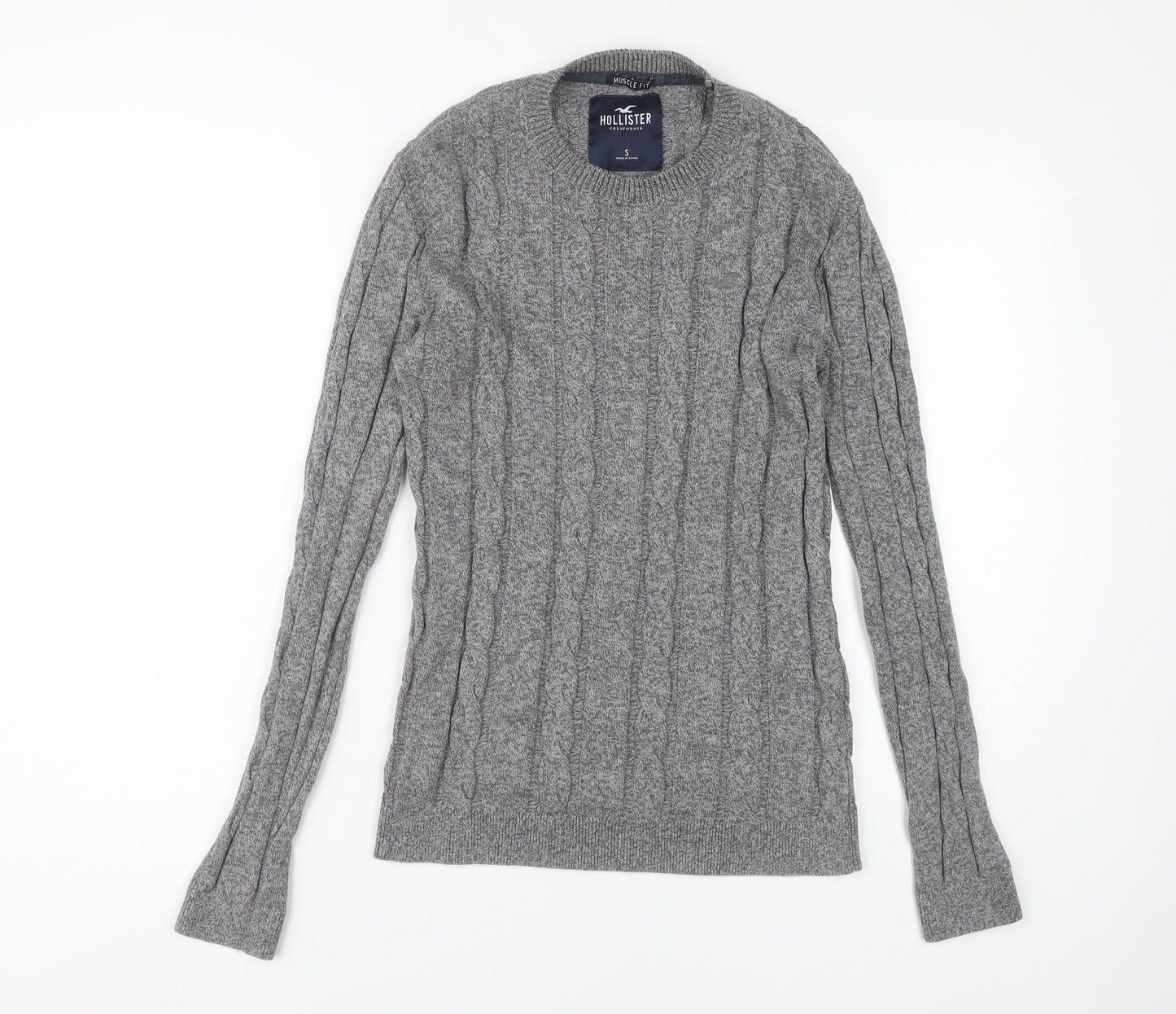 Hollister Men's Grey Cable-Knit Pullover Jumper S