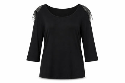 Front view of Marc Lauge Women's Black Beaded 3/4 Sleeve Top XL