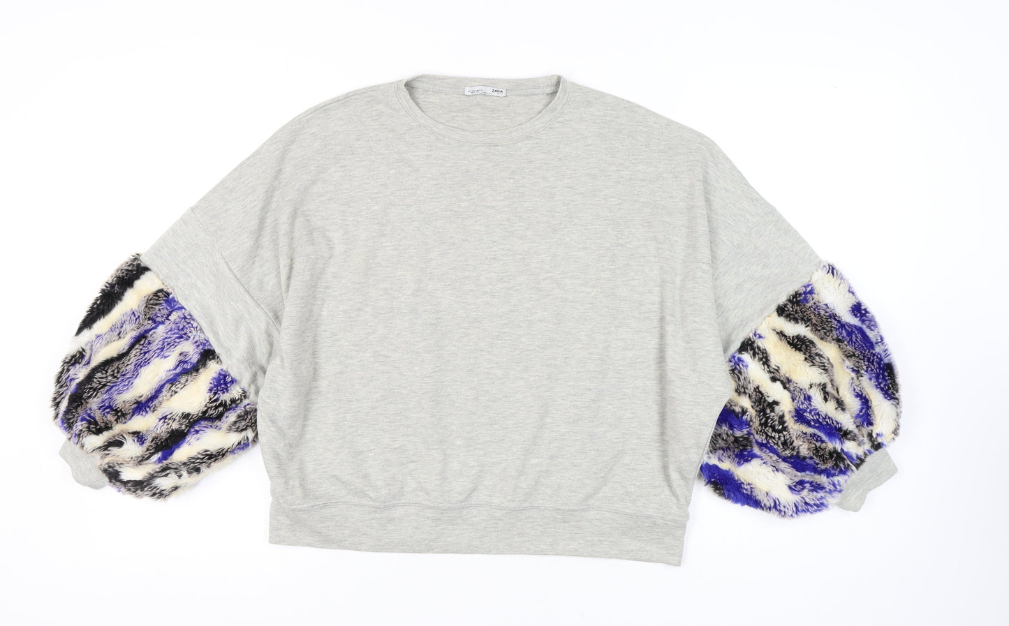 Zara Women's Grey Pullover Sweatshirt UK Size 8, Fur Trim