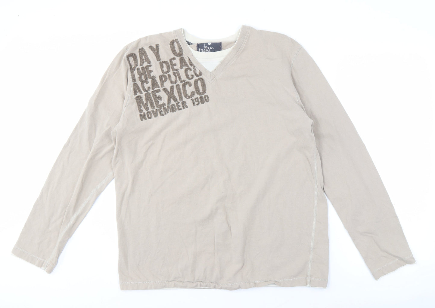Next Men's Beige Graphic Long Sleeve V-Neck Tee