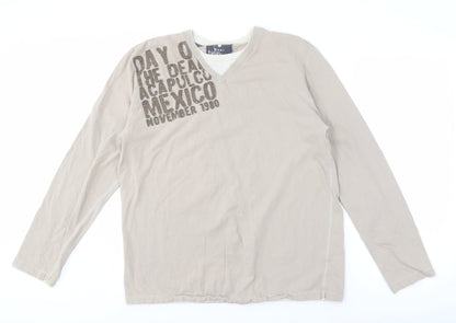 Next Men's Beige Graphic Long Sleeve V-Neck Tee